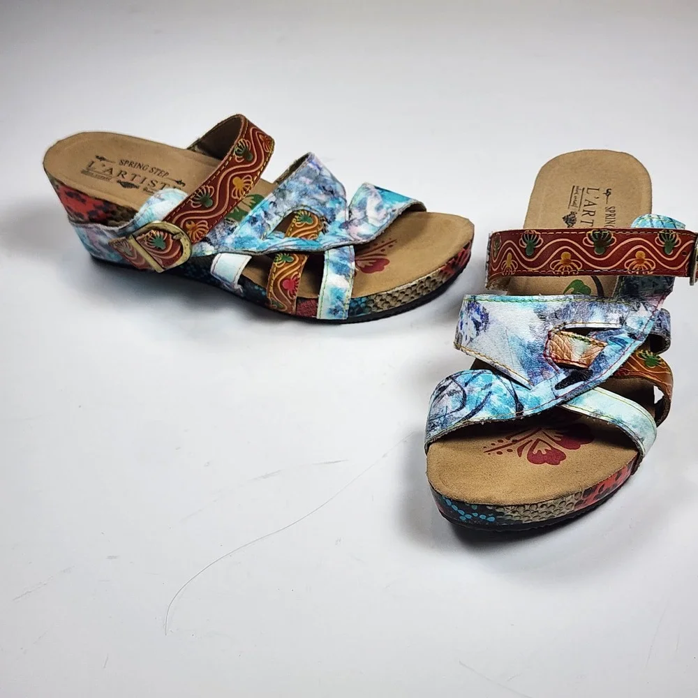 L'Artiste Spring Step Leather Wedge Sandals Women US 6.5 37 Floral Animal Casual